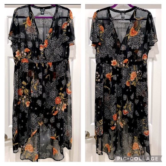 torrid Other - New! Torrid Sheer Black Floral Dress Coverup Hi-Low Flutter Sleeve V-Neck Size 1